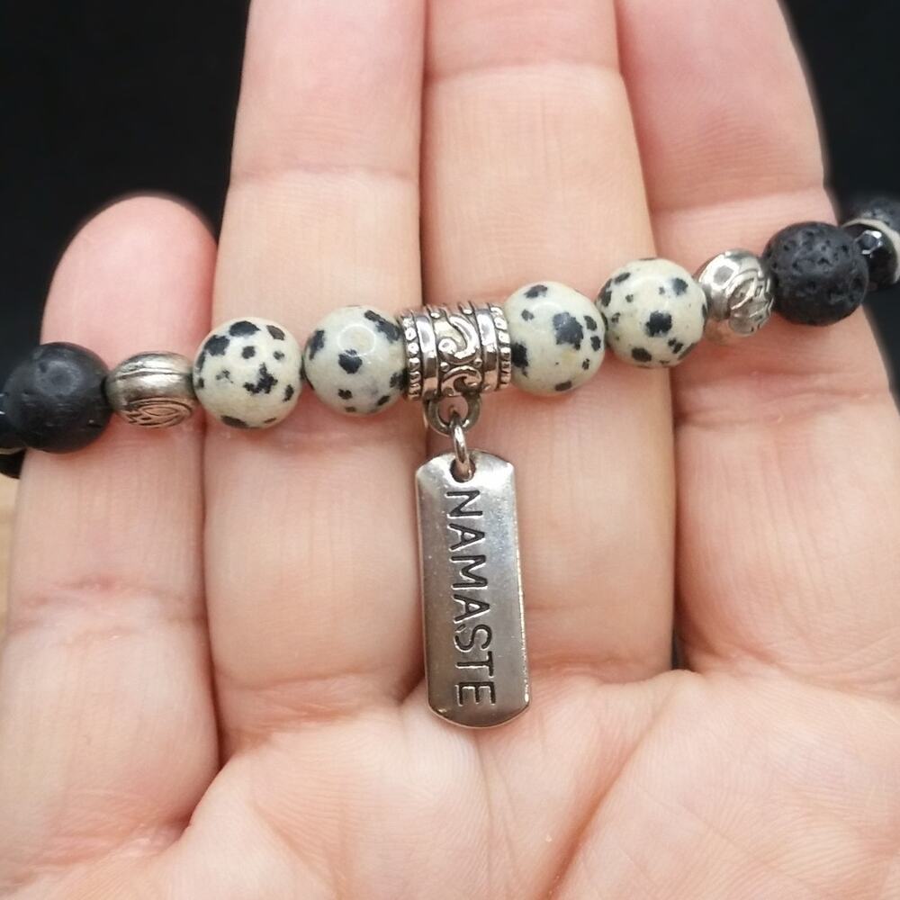 Dalmatian Jasper Beaded Bracelet Handmade Black Lava Stones Tibetan Silver Charm - Picture 4 of 10
